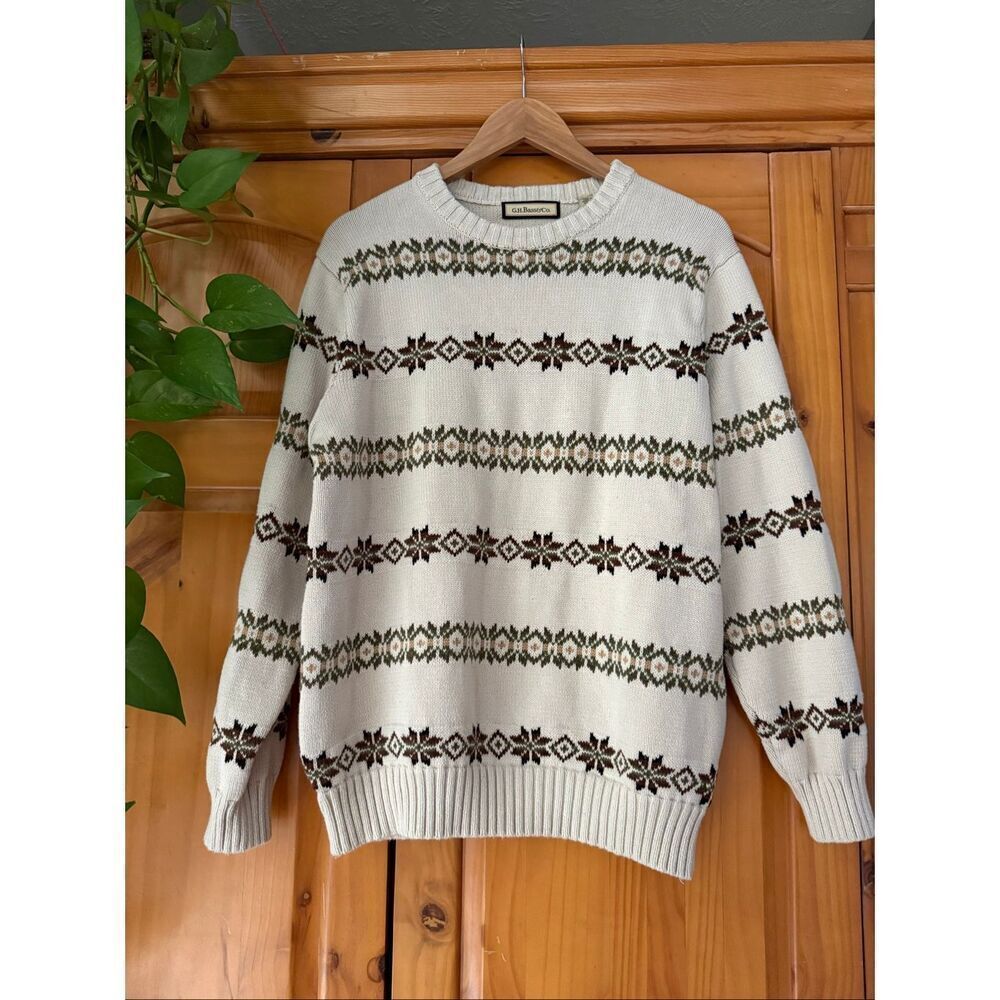 G.H. Bass & Co. Nordic Fair Isle Cotton Sweater Men’s Large Cream Brown